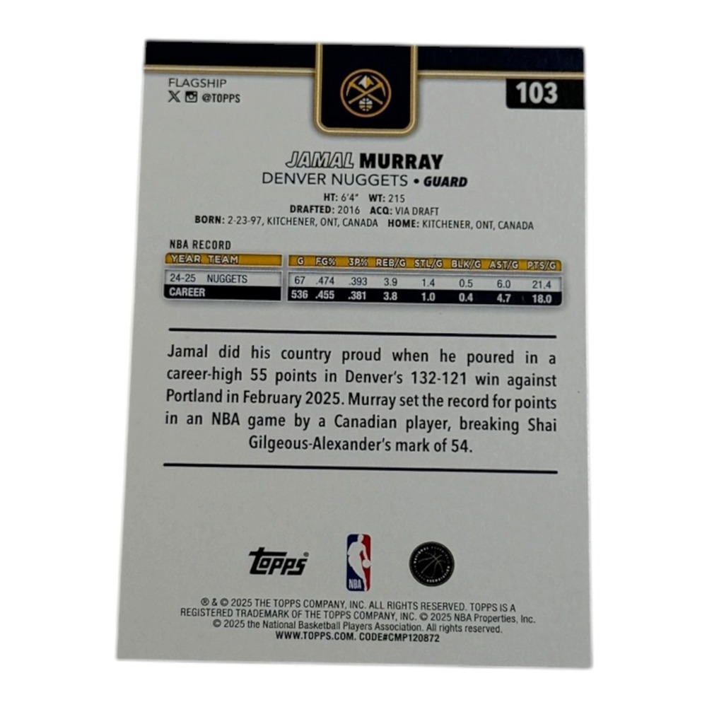 2025 Topps Jamal Murray Gold Parallel Denver Nuggets #103 Serial Numbered /2025 - Picture 3 of 3